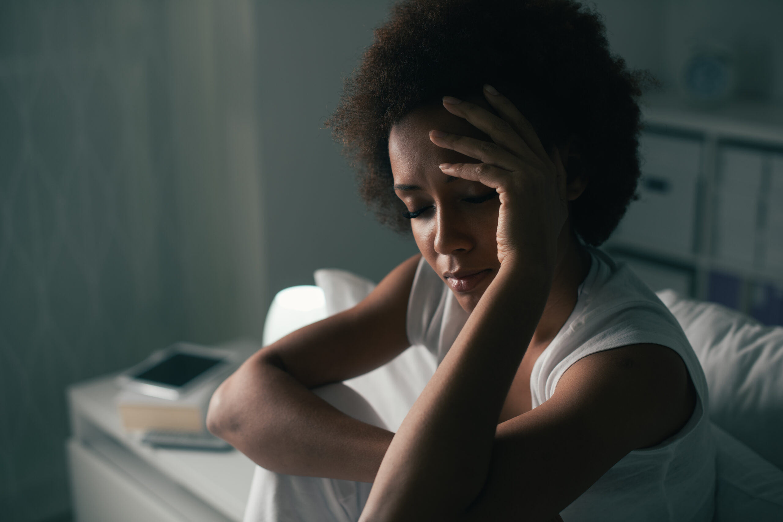 Sad,Depressed,Woman,Suffering,From,Insomnia,,She,Is,Sitting,In